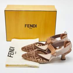 Pre Owned Fendi Beige Zucca Velvet Colibri Forever Logo Slingback Pumps Size 38