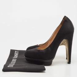 Pre Owned Fendi Black Satin FF Logo Bridge Heel Platform Pumps Size 36