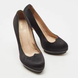 Pre Owned Fendi Black Satin FF Logo Bridge Heel Platform Pumps Size 36