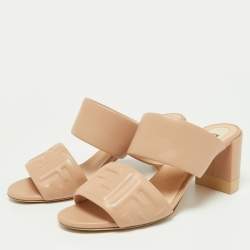 Fendi Beige Leather FF Block Heel Slide Sandals Size 39.5