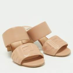 Fendi Beige Leather FF Block Heel Slide Sandals Size 39.5