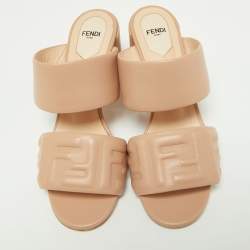 Fendi Beige Leather FF Block Heel Slide Sandals Size 39.5
