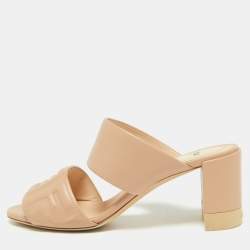 Fendi Beige Leather FF Block Heel Slide Sandals Size 39.5