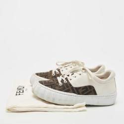 Pre Owned Fendi White/Brown FF Canvas and Leather Motif Lace Up Sneakers Size 39