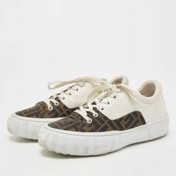 Pre Owned Fendi White/Brown FF Canvas and Leather Motif Lace Up Sneakers Size 39