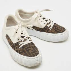Pre Owned Fendi White/Brown FF Canvas and Leather Motif Lace Up Sneakers Size 39