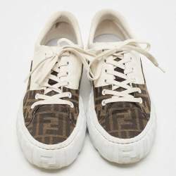 Pre Owned Fendi White/Brown FF Canvas and Leather Motif Lace Up Sneakers Size 39