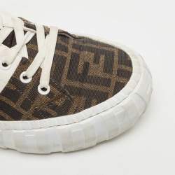 Pre Owned Fendi White/Brown FF Canvas and Leather Motif Lace Up Sneakers Size 39