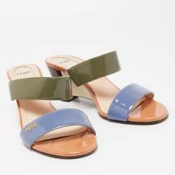 Fendi Multicolor Patent Leather Wedge Slide Sandals Size 38.5