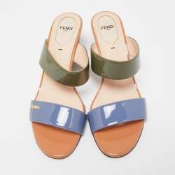 Fendi Multicolor Patent Leather Wedge Slide Sandals Size 38.5
