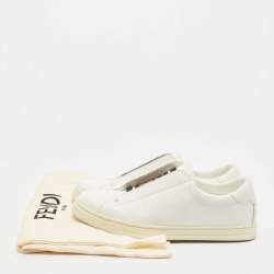 Pre Owned Fendi White Leather And Brown FF Knit Fabric Rockoclick Low Top Sneakers Size 38