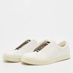 Pre Owned Fendi White Leather And Brown FF Knit Fabric Rockoclick Low Top Sneakers Size 38
