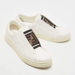 Pre Owned Fendi White Leather And Brown FF Knit Fabric Rockoclick Low Top Sneakers Size 38