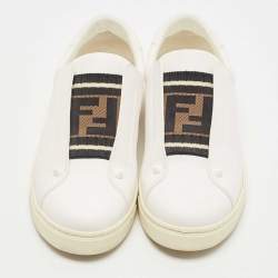 Pre Owned Fendi White Leather And Brown FF Knit Fabric Rockoclick Low Top Sneakers Size 38