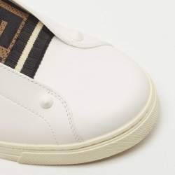 Pre Owned Fendi White Leather And Brown FF Knit Fabric Rockoclick Low Top Sneakers Size 38