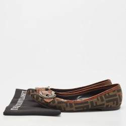 Pre Owned Fendi Brown Zucca Canvas And Croc Embossed Leather Buckle Detail Ballet Flats Size 39