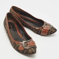 Pre Owned Fendi Brown Zucca Canvas And Croc Embossed Leather Buckle Detail Ballet Flats Size 39