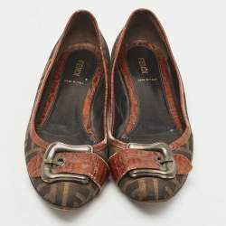 Pre Owned Fendi Brown Zucca Canvas And Croc Embossed Leather Buckle Detail Ballet Flats Size 39