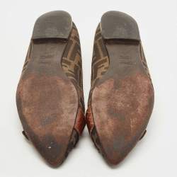 Pre Owned Fendi Brown Zucca Canvas And Croc Embossed Leather Buckle Detail Ballet Flats Size 39