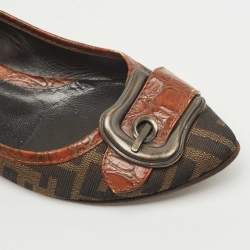 Pre Owned Fendi Brown Zucca Canvas And Croc Embossed Leather Buckle Detail Ballet Flats Size 39