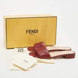 Fendi Red Leather Logo Embossed Flat Slides Size 37.5