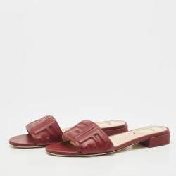 Fendi Red Leather Logo Embossed Flat Slides Size 37.5