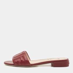 Fendi Red Leather Logo Embossed Flat Slides Size 37.5