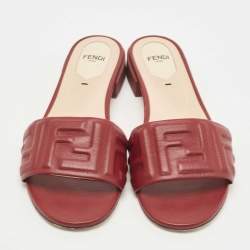 Fendi Red Leather Logo Embossed Flat Slides Size 37.5