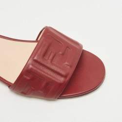 Fendi Red Leather Logo Embossed Flat Slides Size 37.5