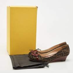 Pre Owned Fendi Burgundy/Brown Patent Leather and Tobacco Zucca Canvas Logo Plate Wedge Pumps Size 37.5