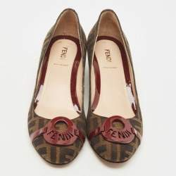 Pre Owned Fendi Burgundy/Brown Patent Leather and Tobacco Zucca Canvas Logo Plate Wedge Pumps Size 37.5