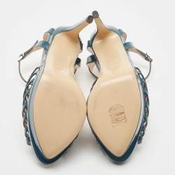 Pre Owned Fendi Teal Blue Patent Leather T Strap Platform Sandals Size 37