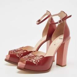 Fendi Burgundy Leather and Lizard Embossed Laser Cut Platform Ankle Strap Sandals Size 41