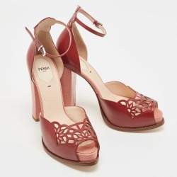 Fendi Burgundy Leather and Lizard Embossed Laser Cut Platform Ankle Strap Sandals Size 41
