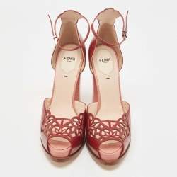 Fendi Burgundy Leather and Lizard Embossed Laser Cut Platform Ankle Strap Sandals Size 41