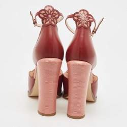 Fendi Burgundy Leather and Lizard Embossed Laser Cut Platform Ankle Strap Sandals Size 41