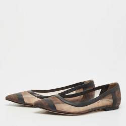 Pre Owned Fendi Brown/Black Zucca Mesh and Leather Colibri Ballet Flats Size 36