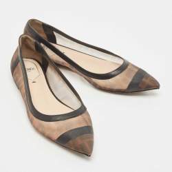 Pre Owned Fendi Brown/Black Zucca Mesh and Leather Colibri Ballet Flats Size 36