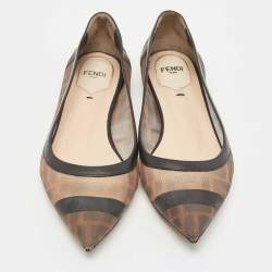 Pre Owned Fendi Brown/Black Zucca Mesh and Leather Colibri Ballet Flats Size 36