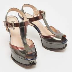 Pre Owned Fendi Multicolor Patent Leather Platform Ankle Strap Sandals Size 38
