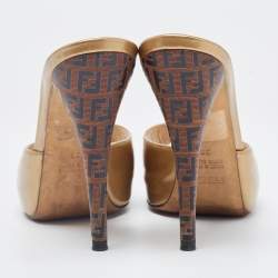 Pre Owned Fendi Gold Patent Leather Peep Toe Slides Size 36