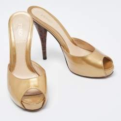 Pre Owned Fendi Gold Patent Leather Peep Toe Slides Size 36