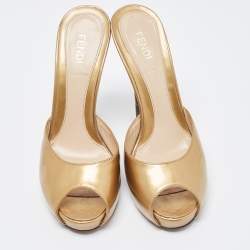 Pre Owned Fendi Gold Patent Leather Peep Toe Slides Size 36