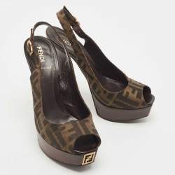 Pre Owned Fendi Tobacco Zucca Canvas FF Slingback Pumps Size 37