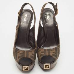 Pre Owned Fendi Tobacco Zucca Canvas FF Slingback Pumps Size 37