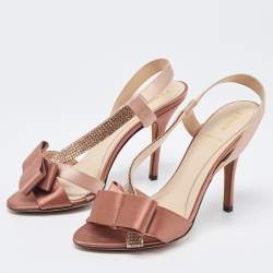 Fendi Beige Satin Crystal Embellished Bow Slingback Sandals Size 37