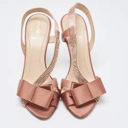 Fendi Beige Satin Crystal Embellished Bow Slingback Sandals Size 37