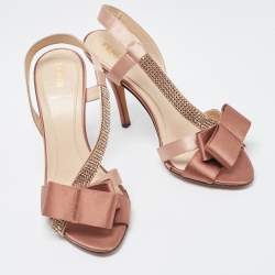 Fendi Beige Satin Crystal Embellished Bow Slingback Sandals Size 37