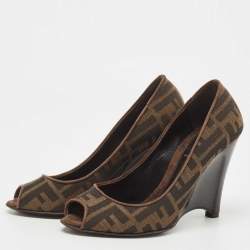 Pre Owned Fendi Brown Zucca Canvas Peep Toe Wedge Pumps Size 36