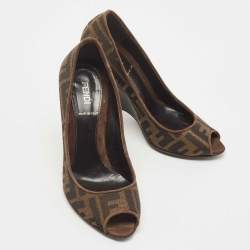 Pre Owned Fendi Brown Zucca Canvas Peep Toe Wedge Pumps Size 36